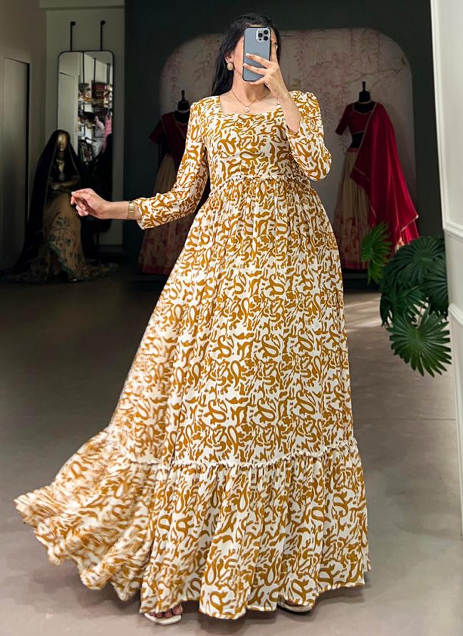 Georgette Mustard Casual Wear Printed Readymade Gown